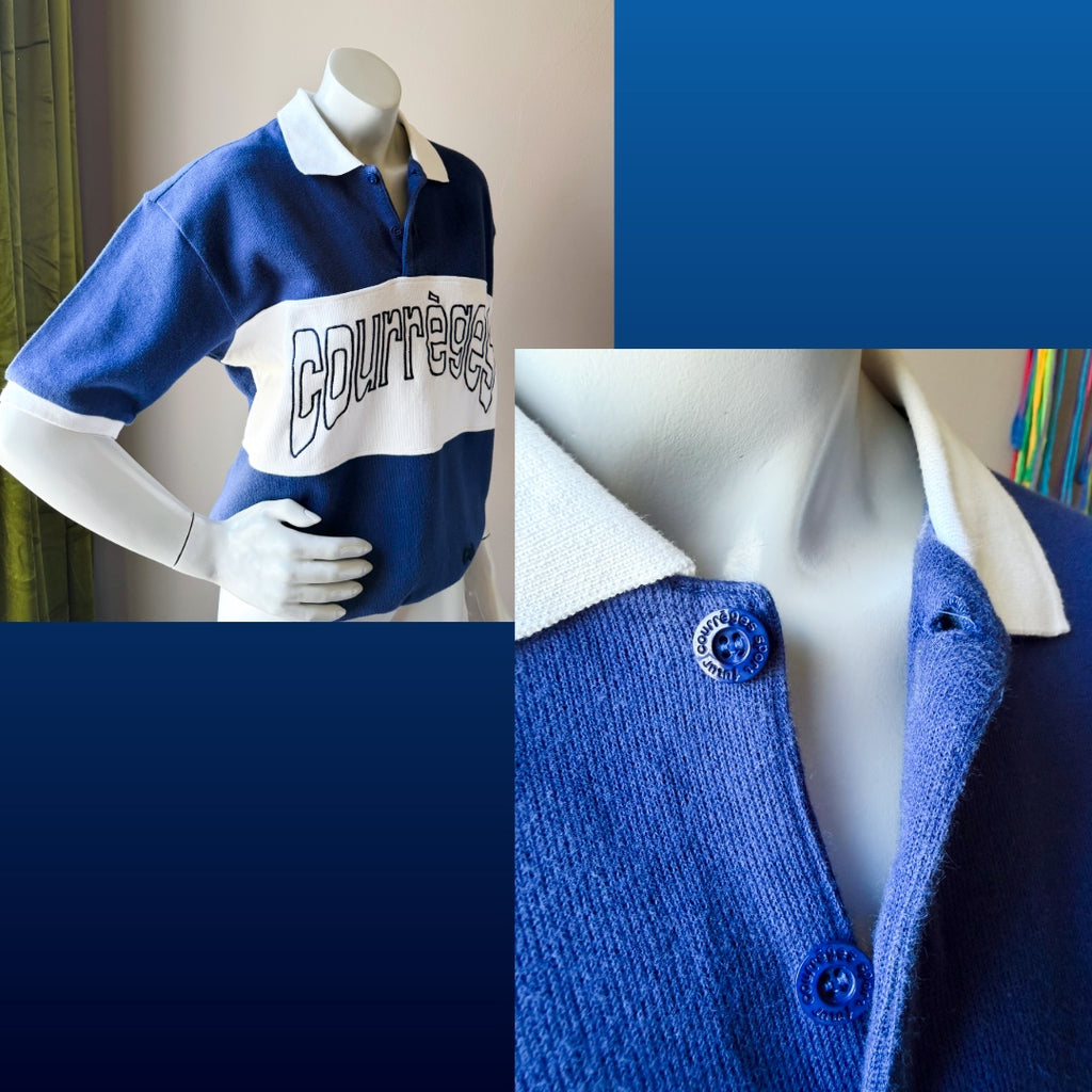 1980s Courrèges Sport Futur Blue and White Logo Polo Top — vintage 1980s Courrèges top in blue, white