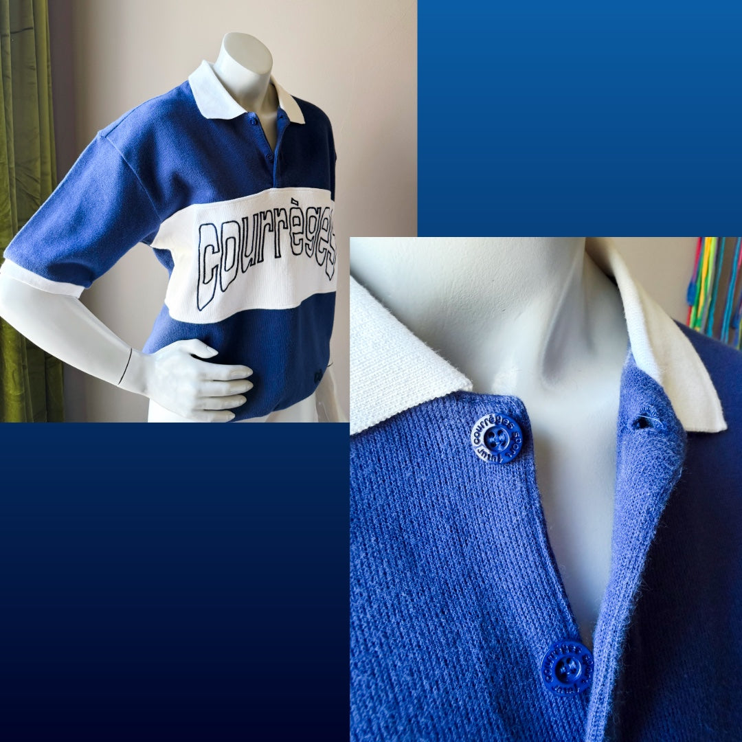 1980s Courrèges Sport Futur Blue and White Logo Polo Top — vintage 1980s Courrèges top in blue, white