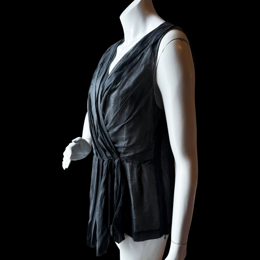 2000s Dries Van Noten Black Cotton-Linen Draped Sleeveless Top — vintage 2000s Dries Van Noten top in black