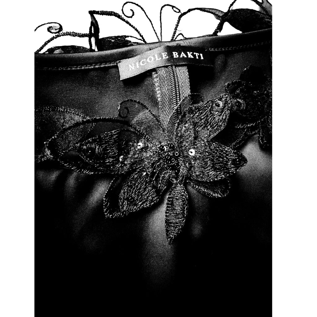 Nicole Bakti Black Satin Butterfly Appliqué Corset Top — vintage 2000s Nicole Bakti top in black
