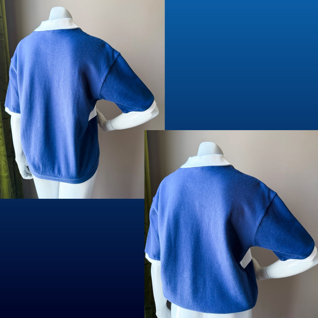 1980s Courrèges Sport Futur Blue and White Logo Polo Top — vintage 1980s Courrèges top in blue, white