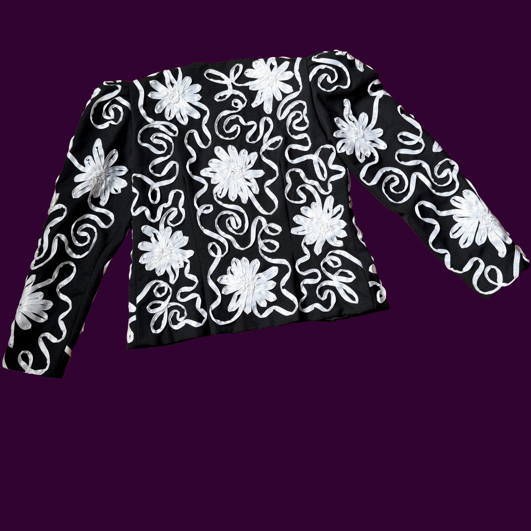 1980s Miss Elliette Black and White Ribbon Soutache Cropped Jacket — vintage 1980s Miss Elliette ~ California jacket in black, white