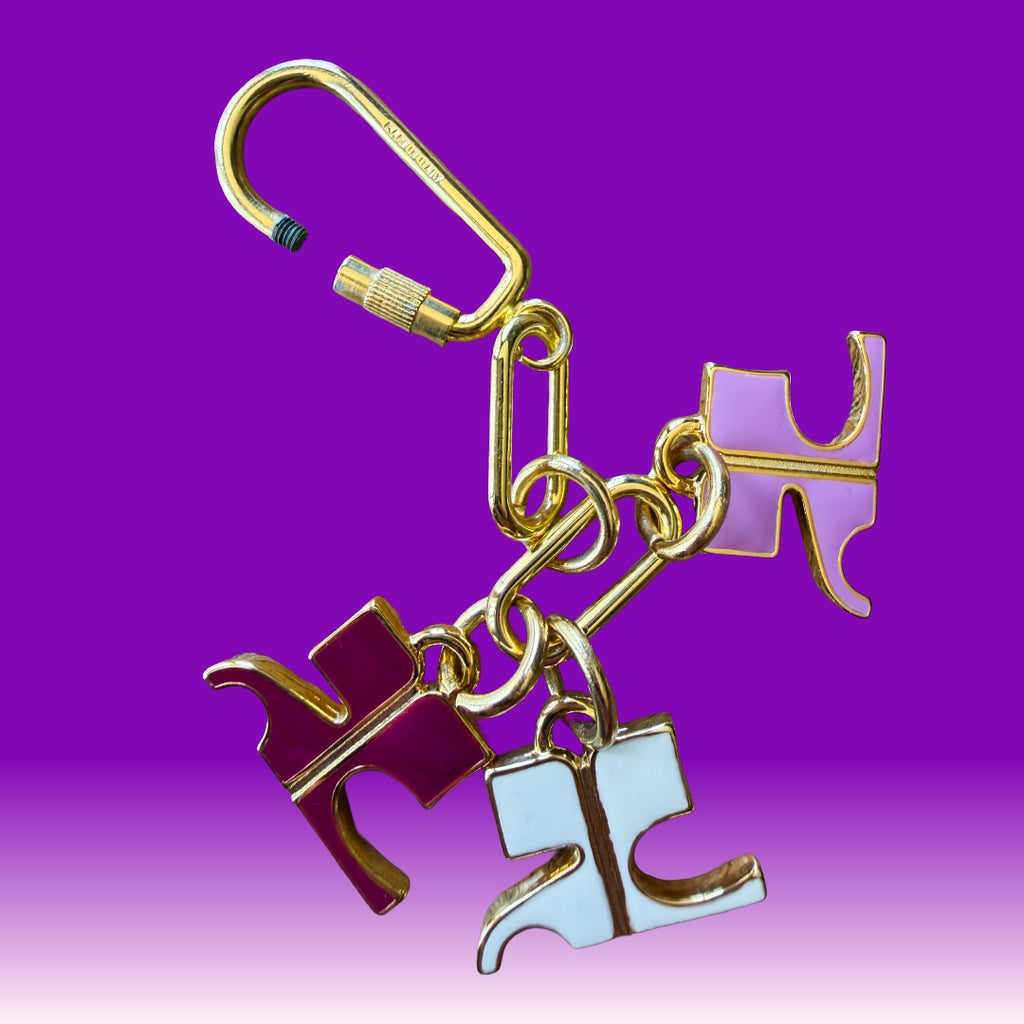 Courrèges 1990s Gold and Pink Enamel Logo Charm Keychain — vintage 1990s Courrèges accessory in gold, pink, purple, white