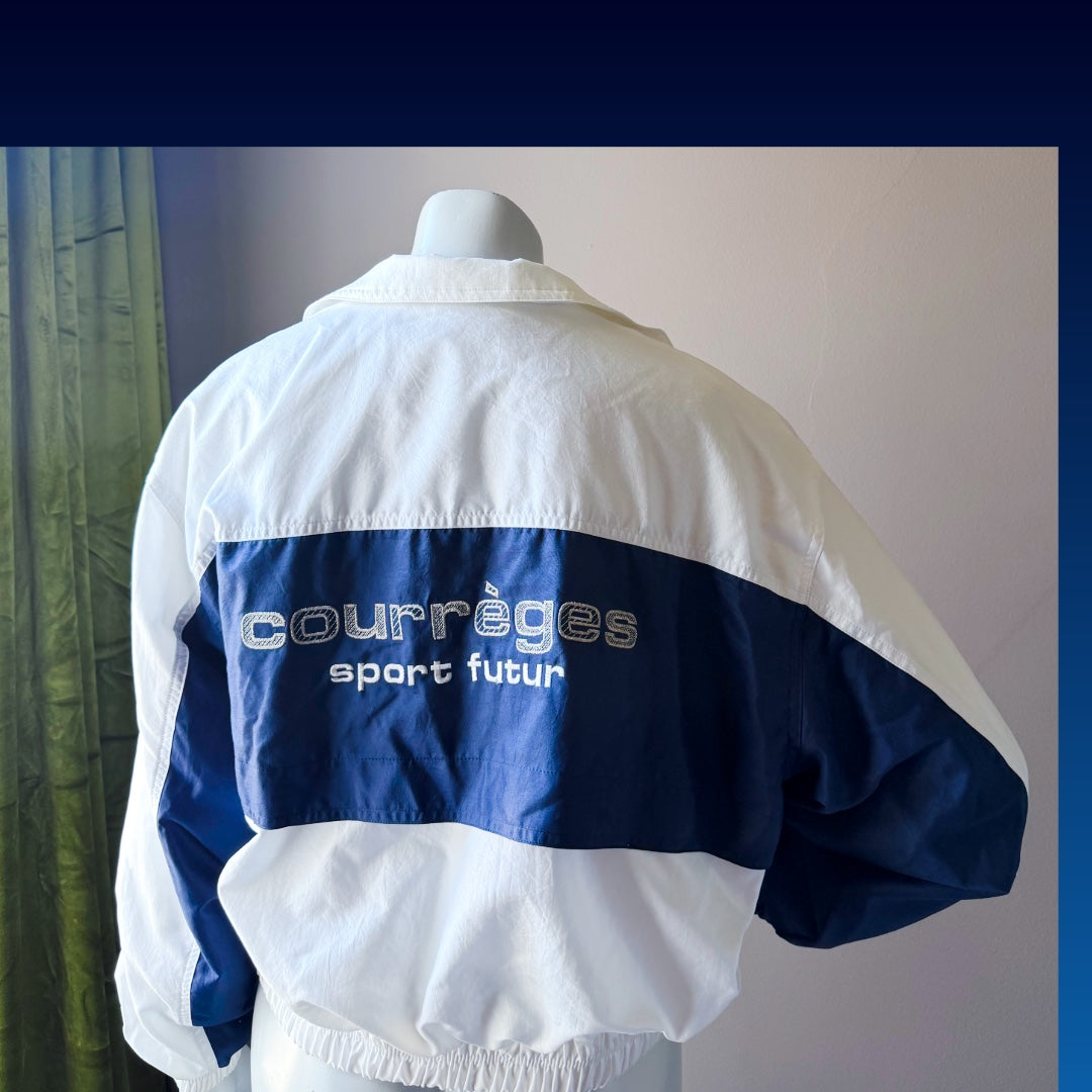 1990s Courrèges Sport Futur White and Blue Color Block Track Jacket — vintage 1990s Courrèges jacket in white, blue