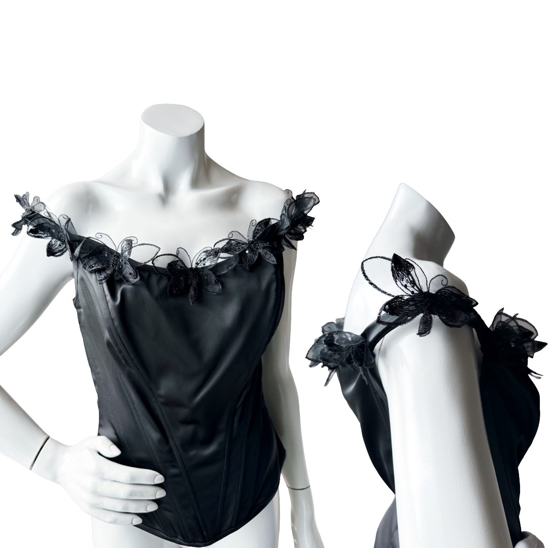 Nicole Bakti Black Satin Butterfly Appliqué Corset Top — vintage 2000s Nicole Bakti top in black