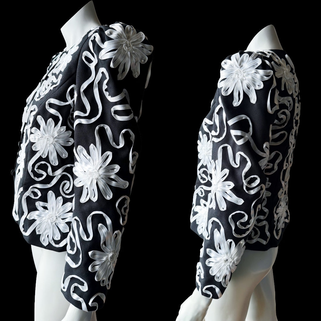 1980s Miss Elliette Black and White Ribbon Soutache Cropped Jacket — vintage 1980s Miss Elliette ~ California jacket in black, white