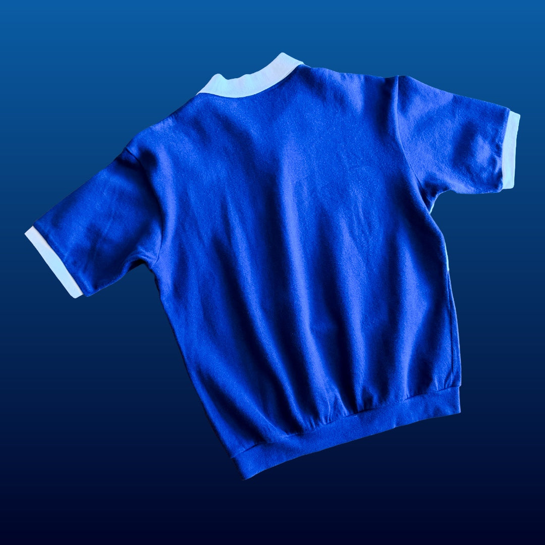1980s Courrèges Sport Futur Blue and White Logo Polo Top — vintage 1980s Courrèges top in blue, white