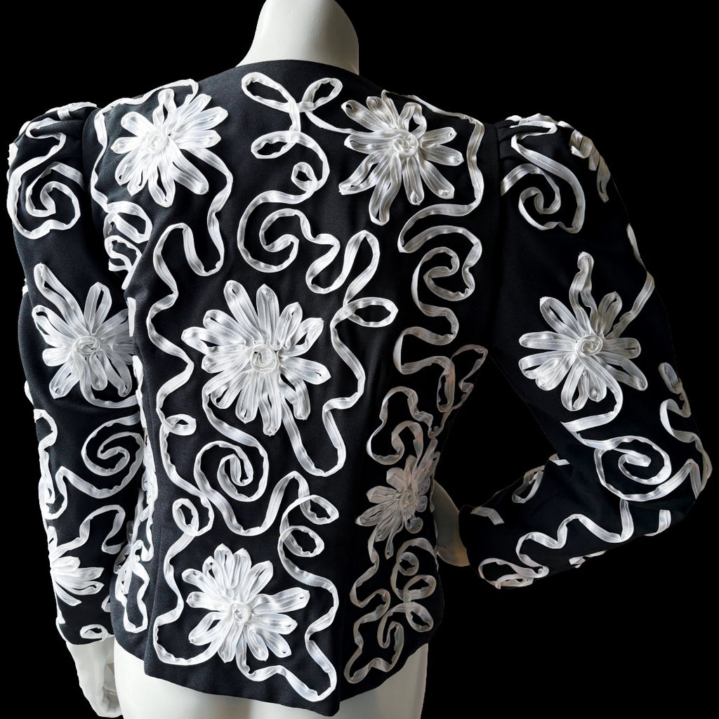 1980s Miss Elliette Black and White Ribbon Soutache Cropped Jacket — vintage 1980s Miss Elliette ~ California jacket in black, white