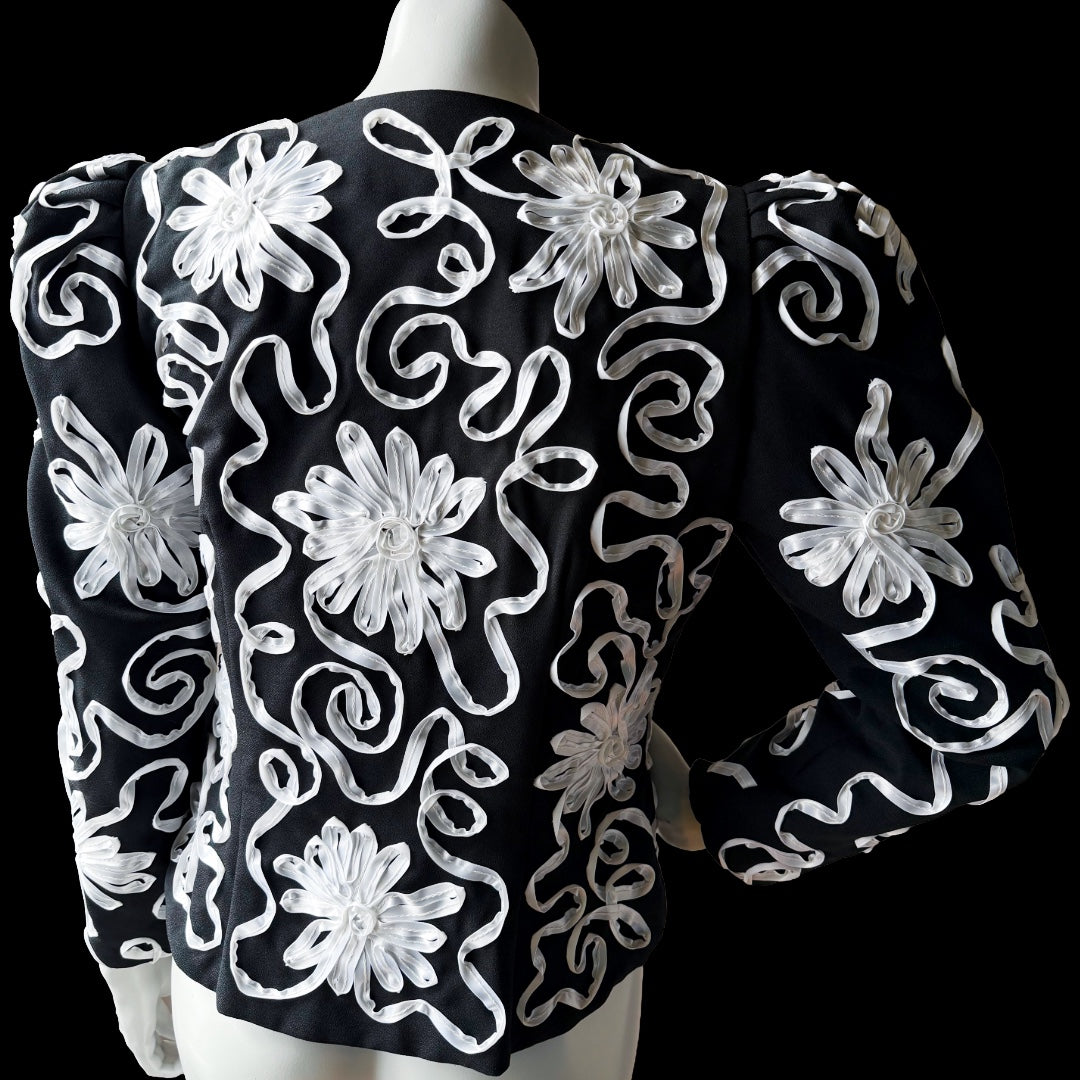 1980s Miss Elliette Black and White Ribbon Soutache Cropped Jacket — vintage 1980s Miss Elliette ~ California jacket in black, white