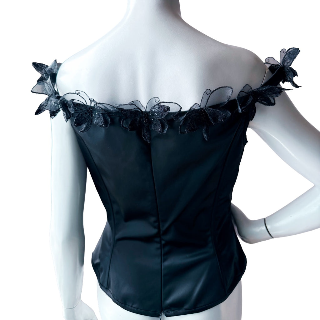 Nicole Bakti Black Satin Butterfly Appliqué Corset Top — vintage 2000s Nicole Bakti top in black