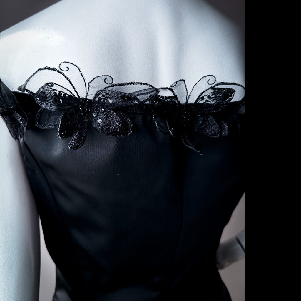 Nicole Bakti Black Satin Butterfly Appliqué Corset Top — vintage 2000s Nicole Bakti top in black