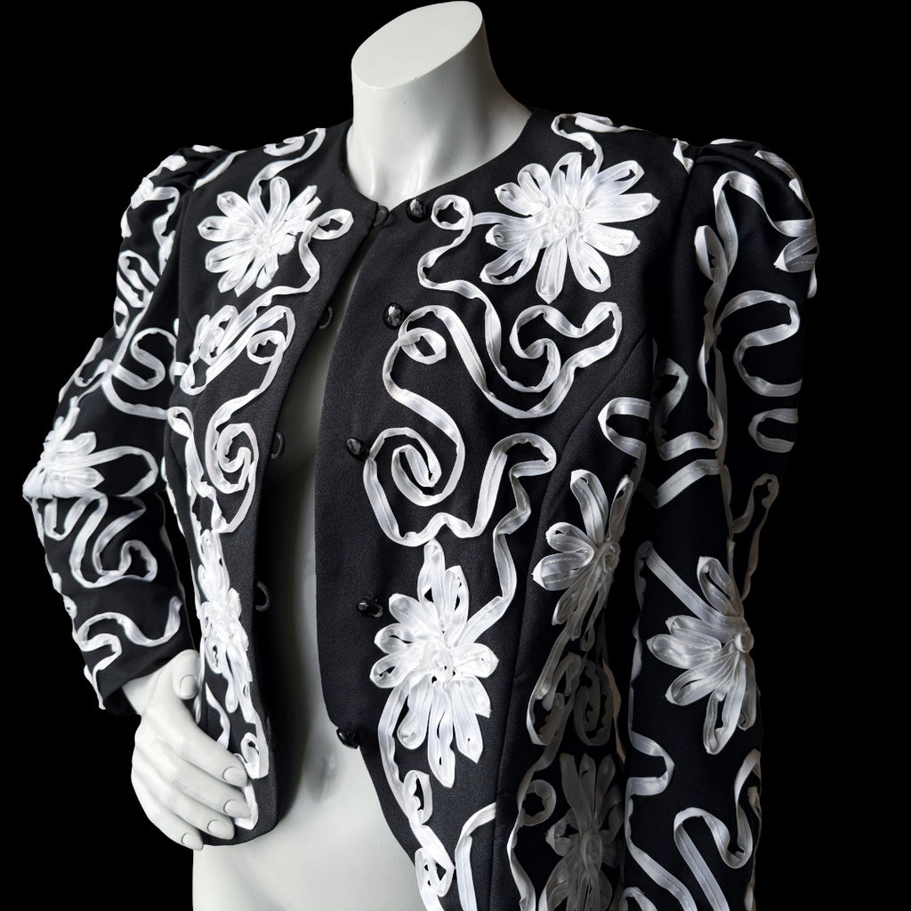 1980s Miss Elliette Black and White Ribbon Soutache Cropped Jacket — vintage 1980s Miss Elliette ~ California jacket in black, white