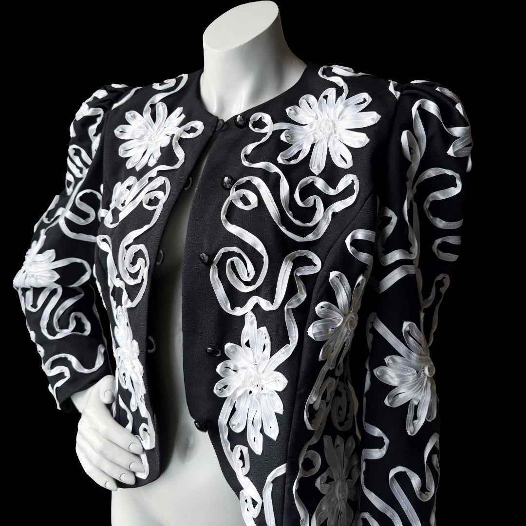 1980s Miss Elliette Black and White Ribbon Soutache Cropped Jacket — vintage 1980s Miss Elliette ~ California jacket in black, white