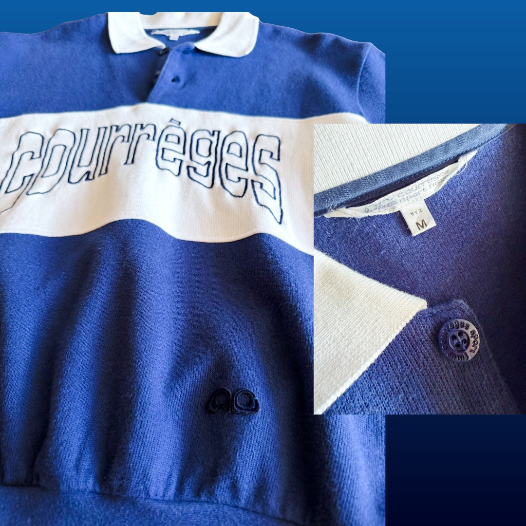 1980s Courrèges Sport Futur Blue and White Logo Polo Top — vintage 1980s Courrèges top in blue, white