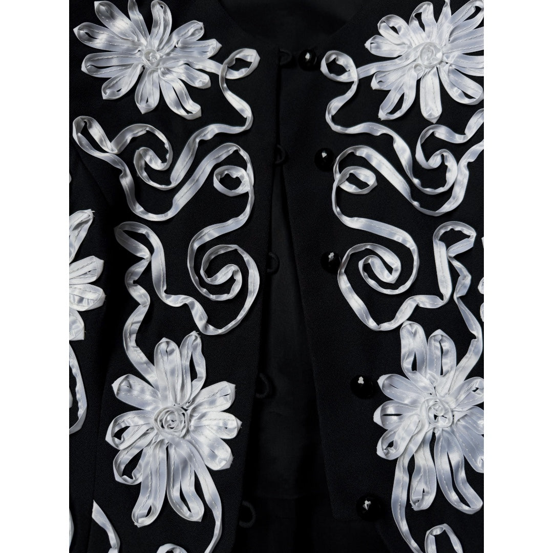 1980s Miss Elliette Black and White Ribbon Soutache Cropped Jacket — vintage 1980s Miss Elliette ~ California jacket in black, white