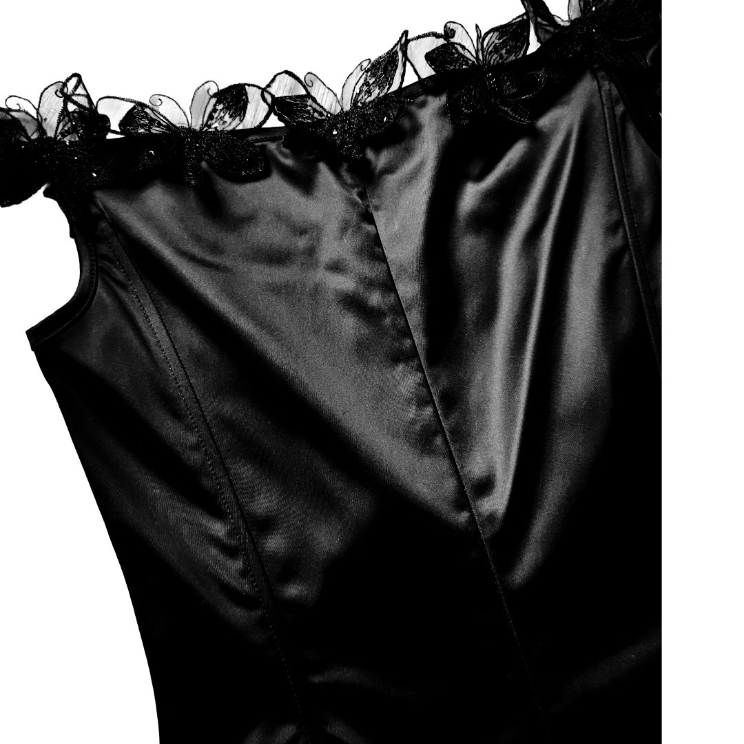 Nicole Bakti Black Satin Butterfly Appliqué Corset Top — vintage 2000s Nicole Bakti top in black