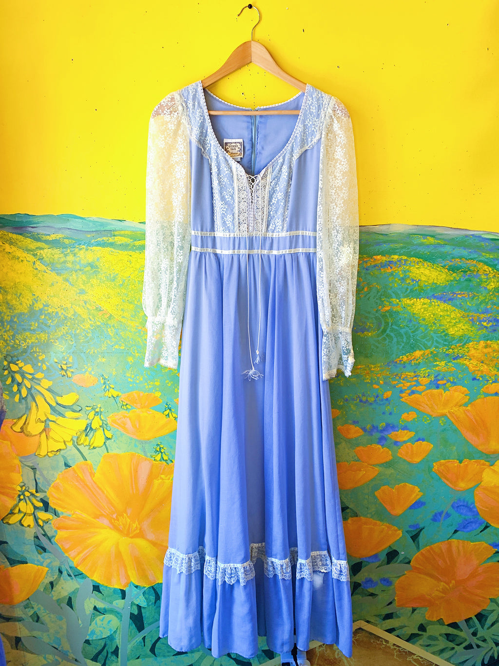 Powder Blue Lace Gunne Sax Long Sleeve Maxi Dress. Sold exclusively at Empress Vintage in Berkeley, CA.