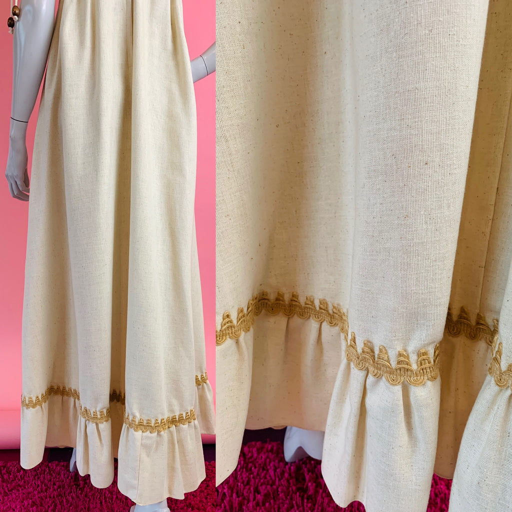 Gunne Sax Lace Up Vanilla Bean Cotton Maxi Dress — vintage 1970s Gunne Sax dress
