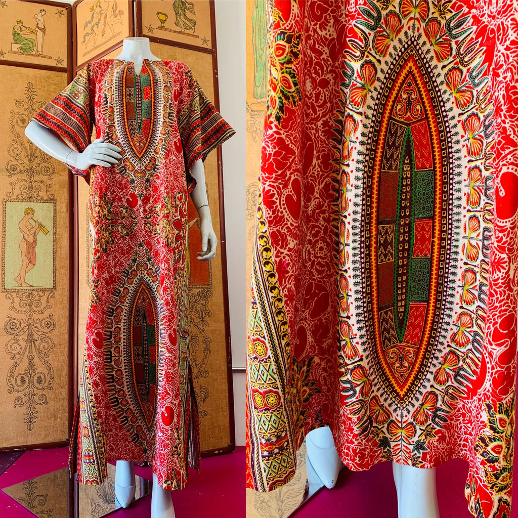 Angel Sleeve 70s Vibrant Block Print Caftan — vintage 1970s dress