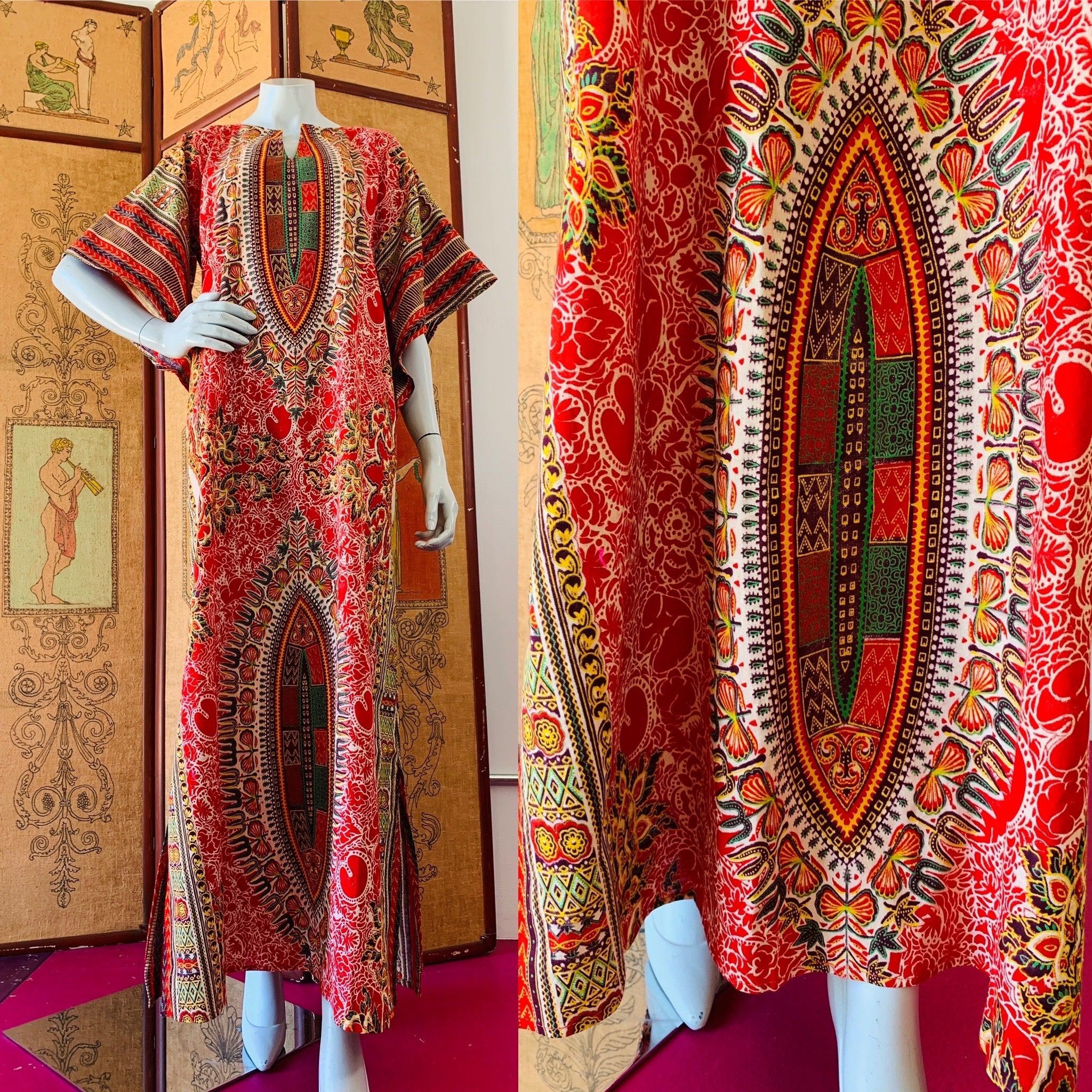 Angel Sleeve 70s Vibrant Block Print Caftan — vintage 1970s dress