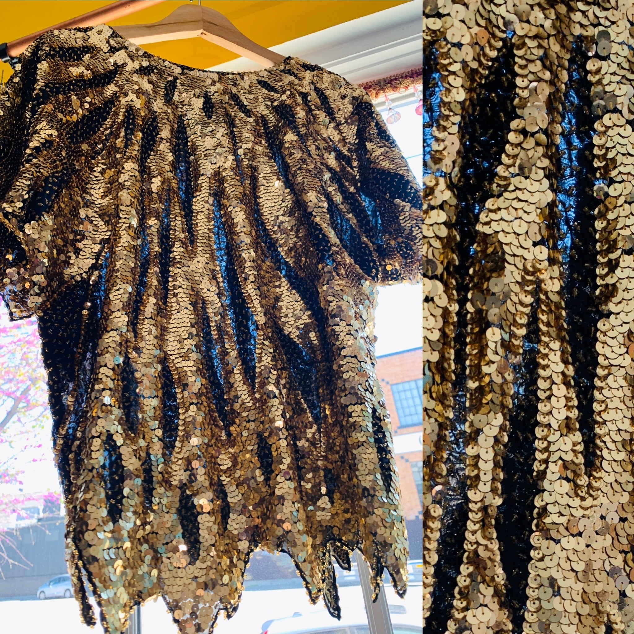 Gold Sequin & Beaded Semi Sheer Fairy Hem Top — vintage 1980s top in gold