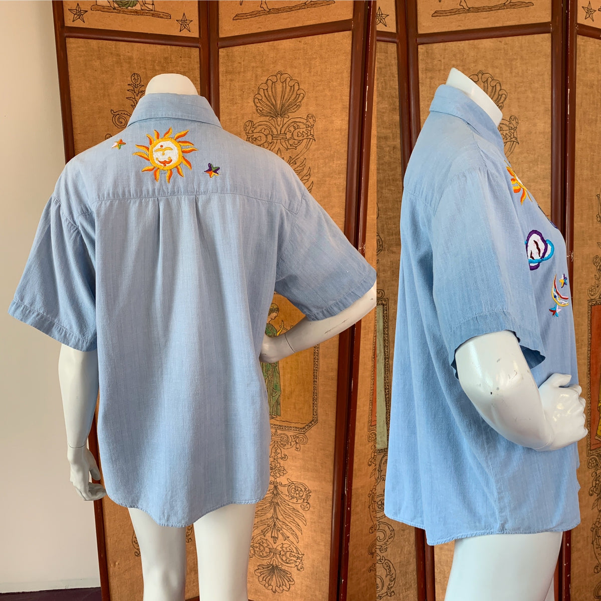 Bill Blass Celestial Embroidered Chambray Short Sleeve Button Up Shirt — vintage Bill Blass top