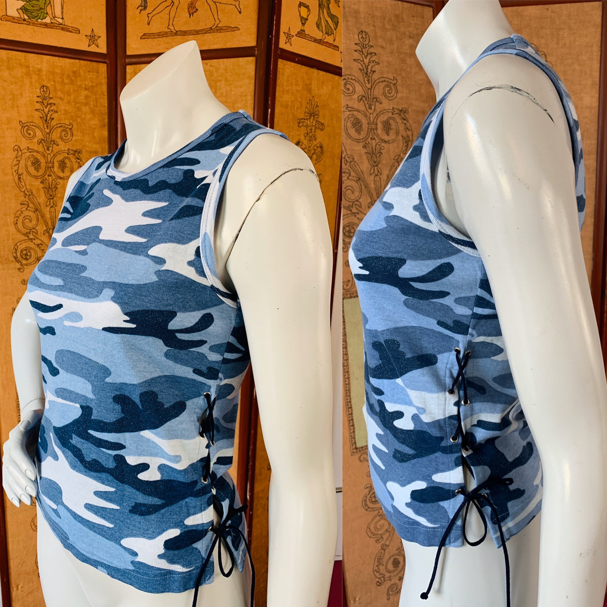 Blue Glitter Y2K Camo Print Top with Lace Up Sides — vintage 2000s top in blue