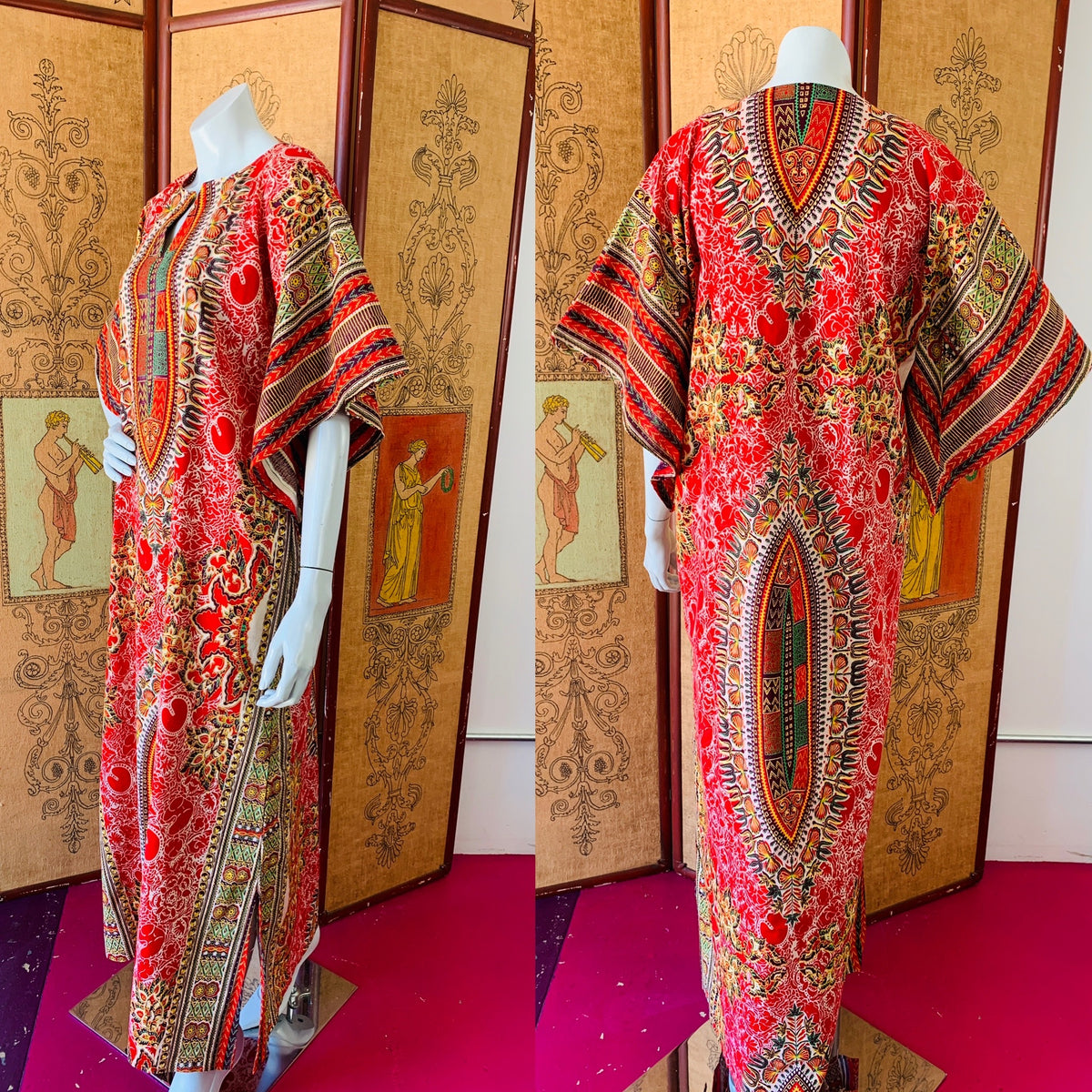 Angel Sleeve 70s Vibrant Block Print Caftan — vintage 1970s dress