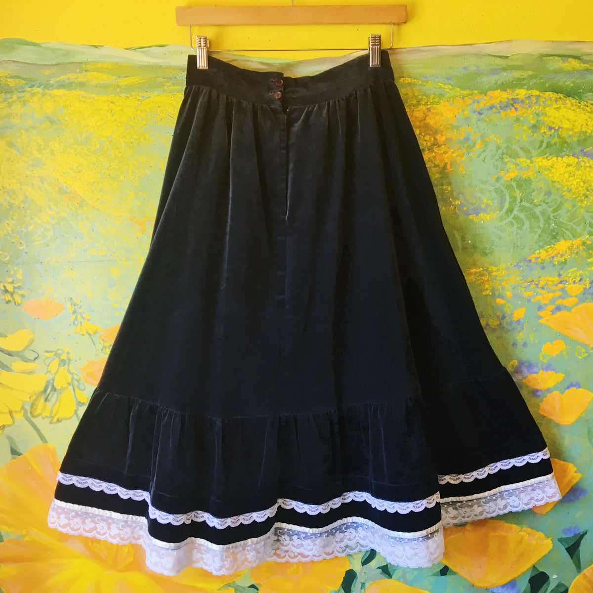 Midnight Blue Velvet Gunne Sax Skirt with Lace — vintage Gunne Sax bottoms in blue