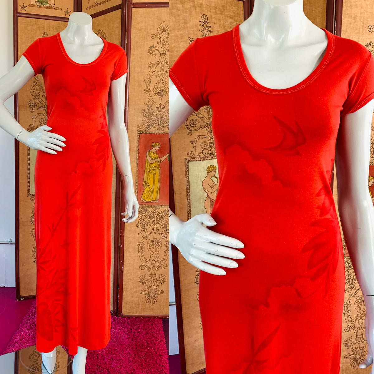 Red T-Shirt Maxi Dress with Bird Landscape Print — vintage Shalom dress in red