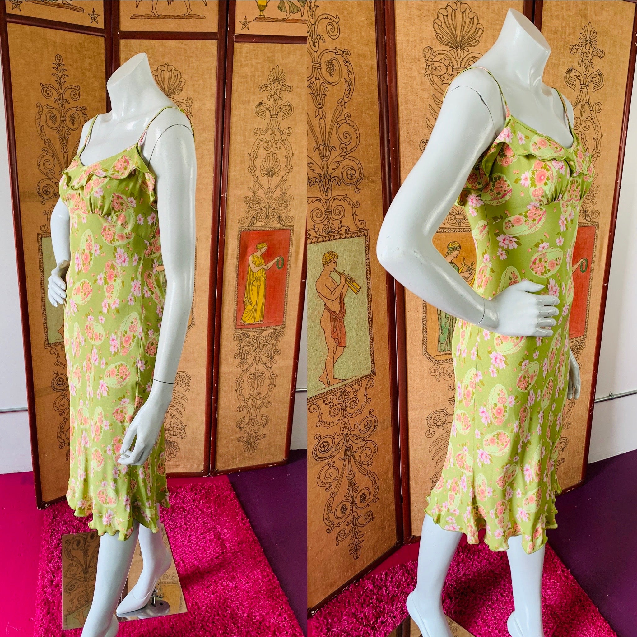 Sage Green Betsey Johnson 90s Pink Floral Satin Dress — vintage 1990s Betsey Johnson dress in pink, green