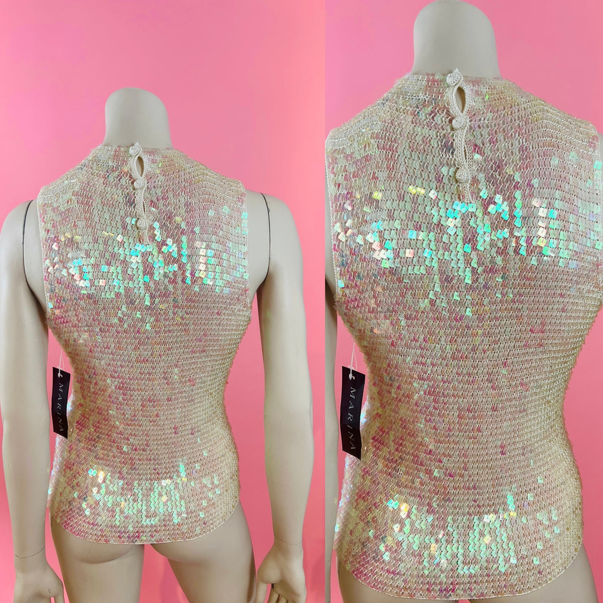 Iridescent Square Sequin White Rayon Knit Sleeveless Top — vintage Marina by Marina Bresler top in white