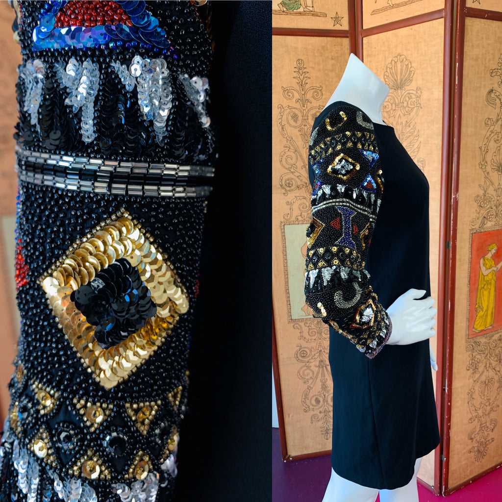 Black Party Dress with Sequin & Beaded Sleeves — vintage 1990s A.J. Bari dress in black