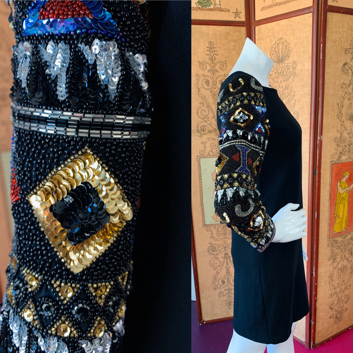 Black Party Dress with Sequin & Beaded Sleeves — vintage 1990s A.J. Bari dress in black