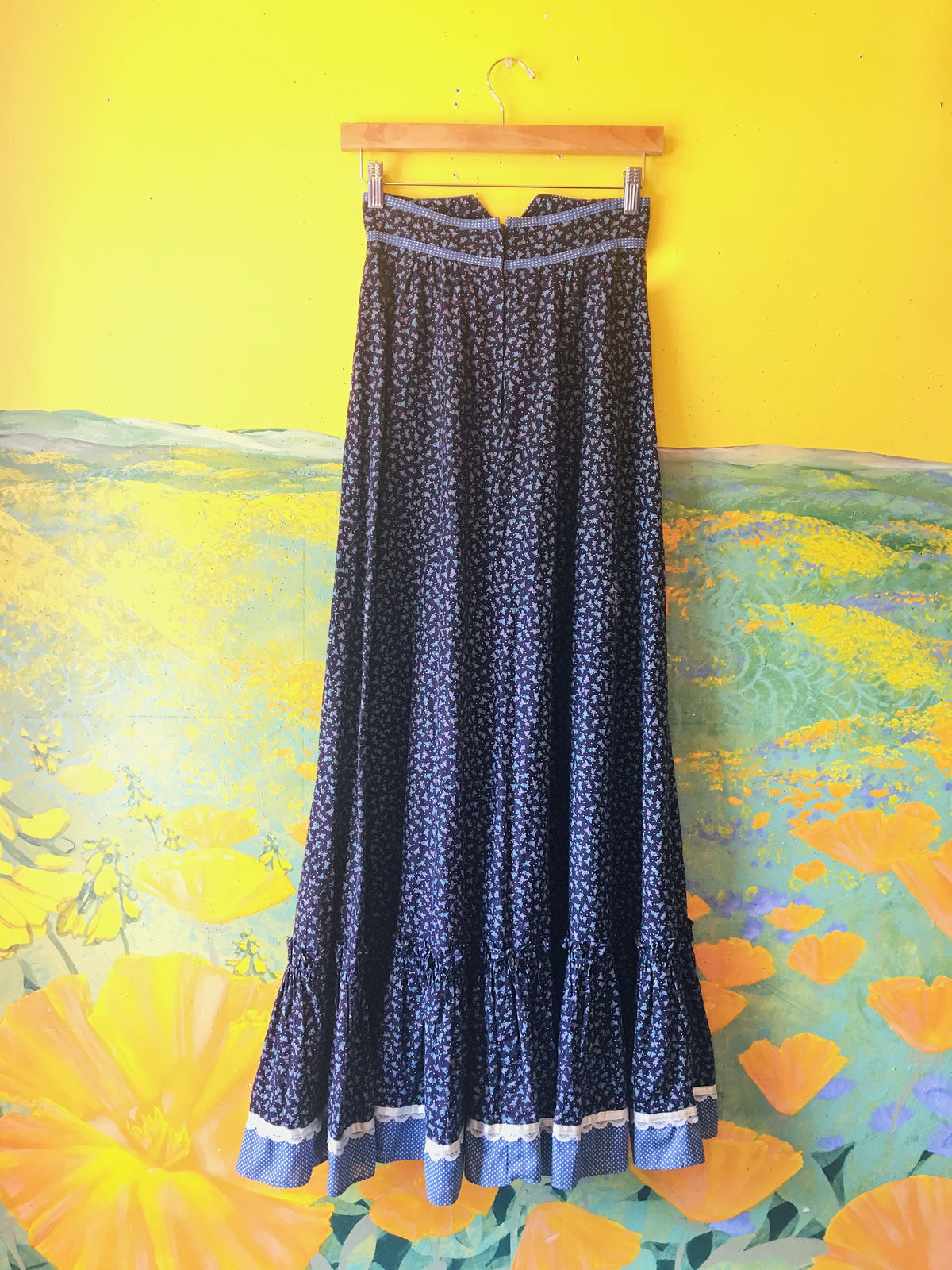 SOLD Navy Blue Floral Gunne Sax Skirt with Lace-Up Waistline — vintage Gunne Sax bottoms in blue