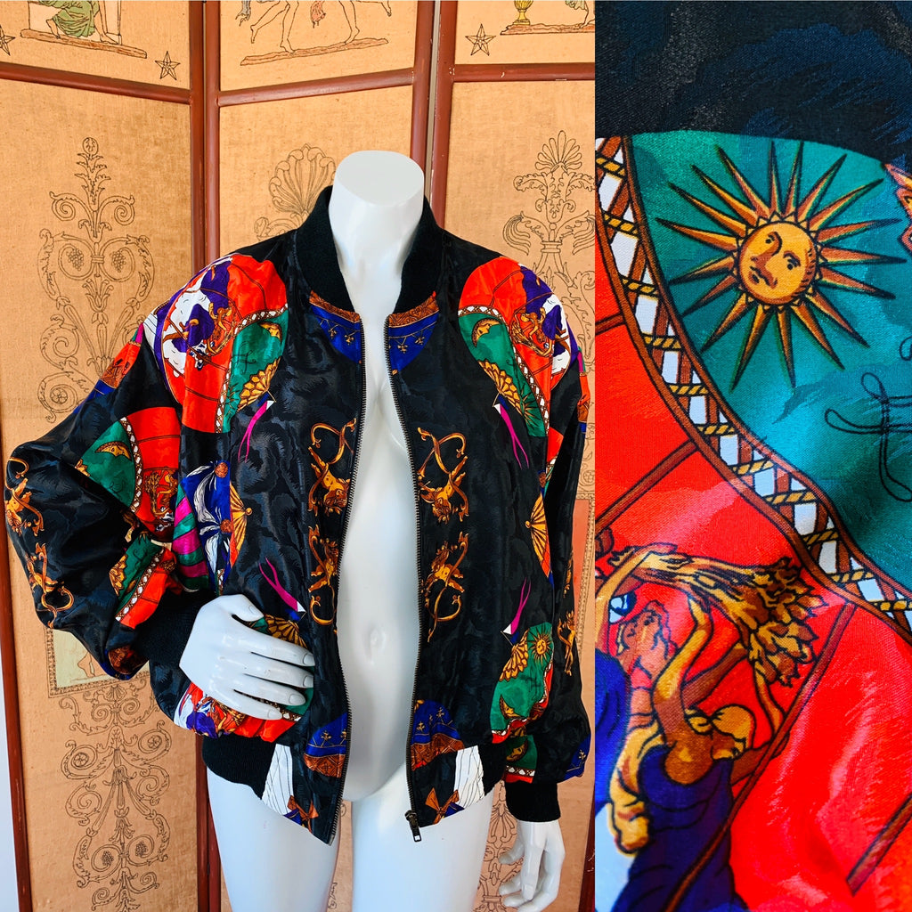 Hot Air Balloon Cherub Print 80s Jacket — vintage 1980s jacket in black, multicolour