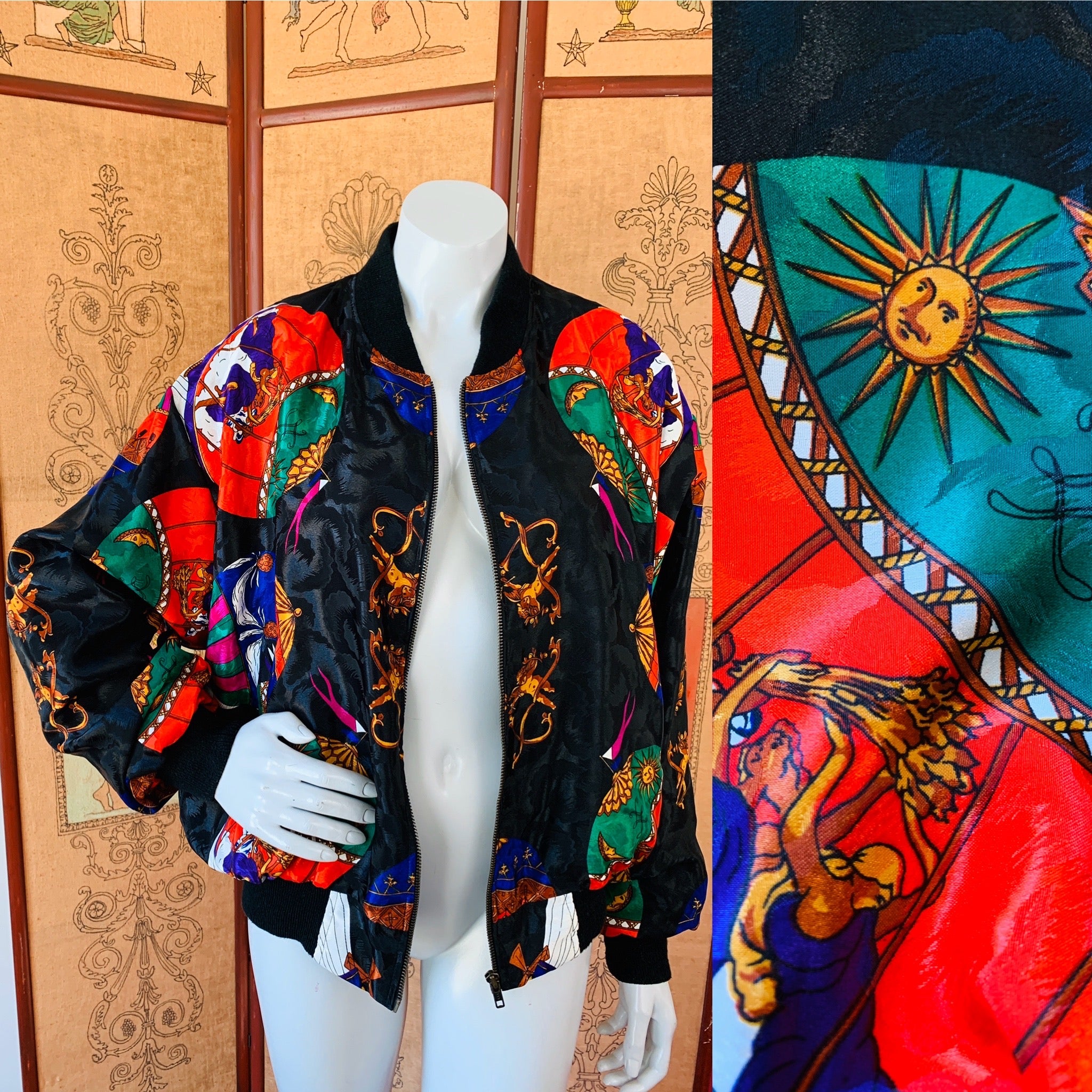 Hot Air Balloon Cherub Print 80s Jacket — vintage 1980s jacket in black, multicolour