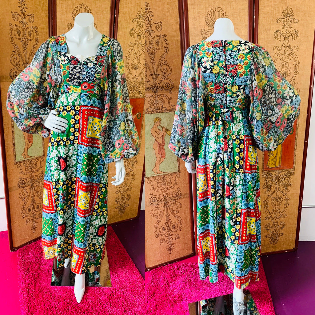 70s Flower Power Patchwork Print Balloon Sleeve Maxi Dress — vintage 1970s dress