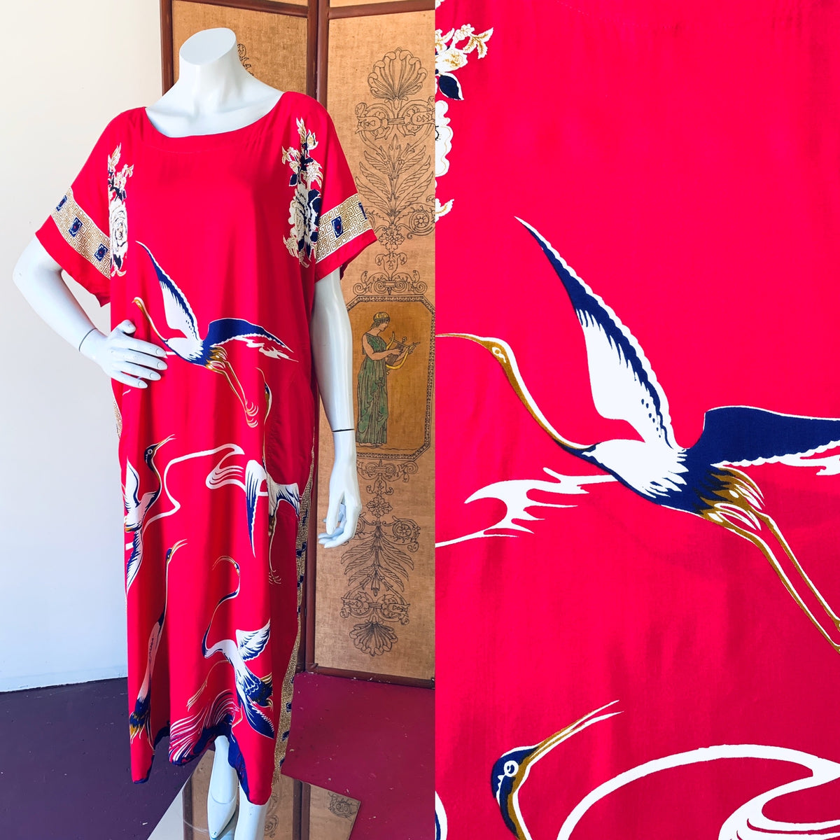Magenta Rayon Bird Print Caftan w/ Pockets — vintage caftan in pink
