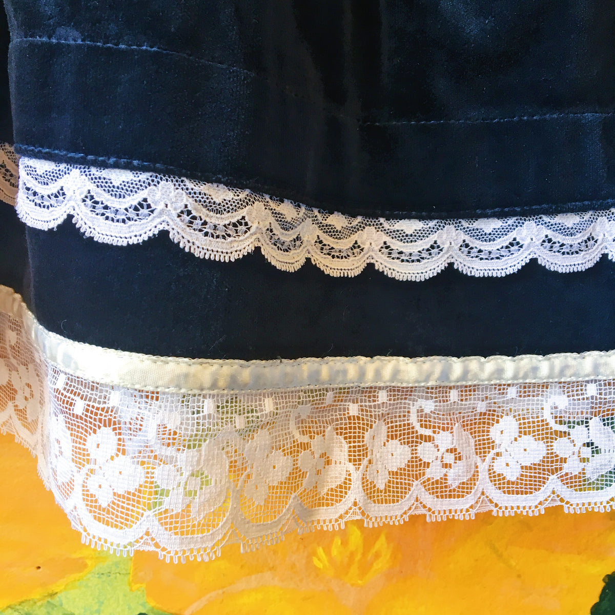 Midnight Blue Velvet Gunne Sax Skirt with Lace — vintage Gunne Sax bottoms in blue