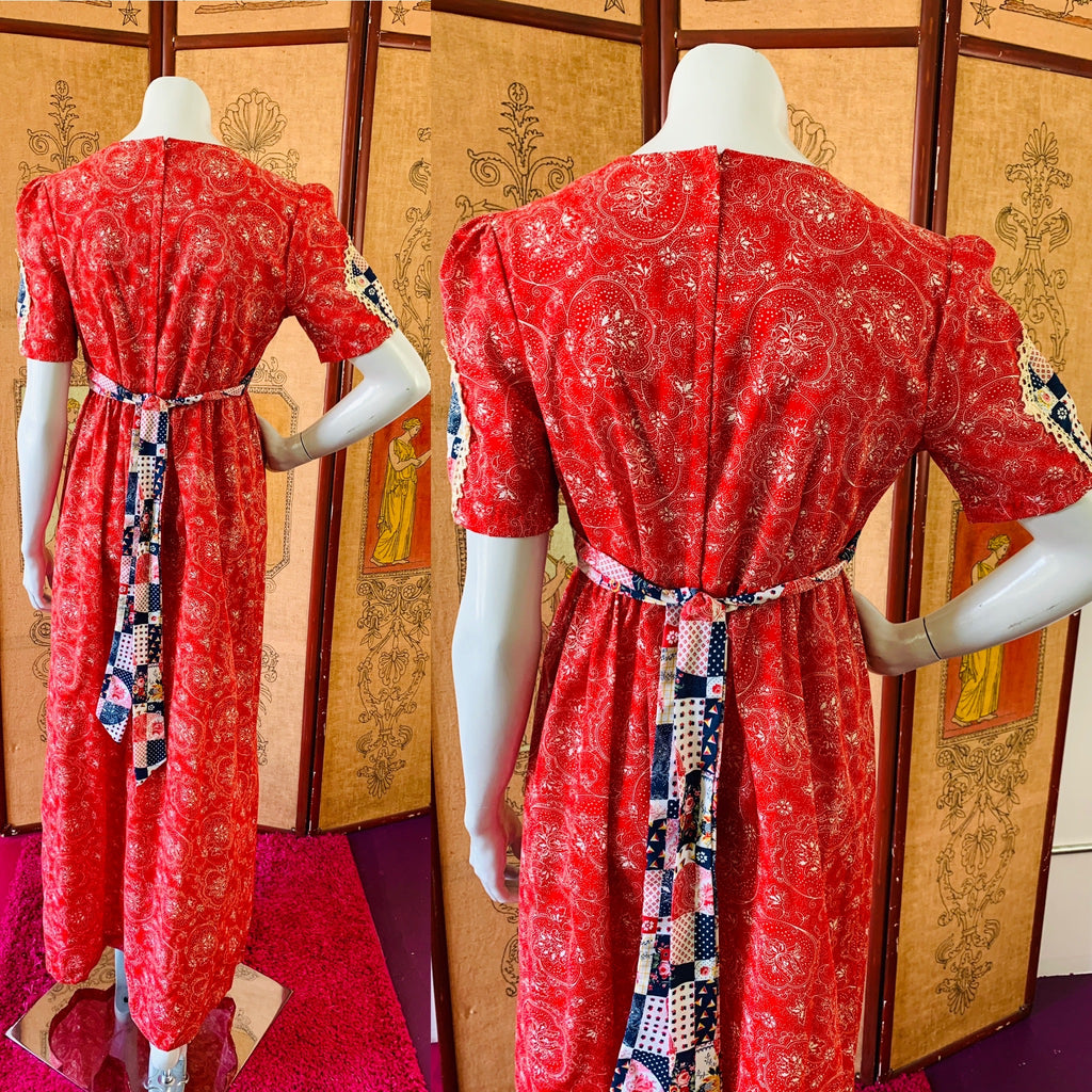 Red Paisley Patchwork Print 1970s Puff Sleeve Maxi Dress — vintage 1970s dress in red