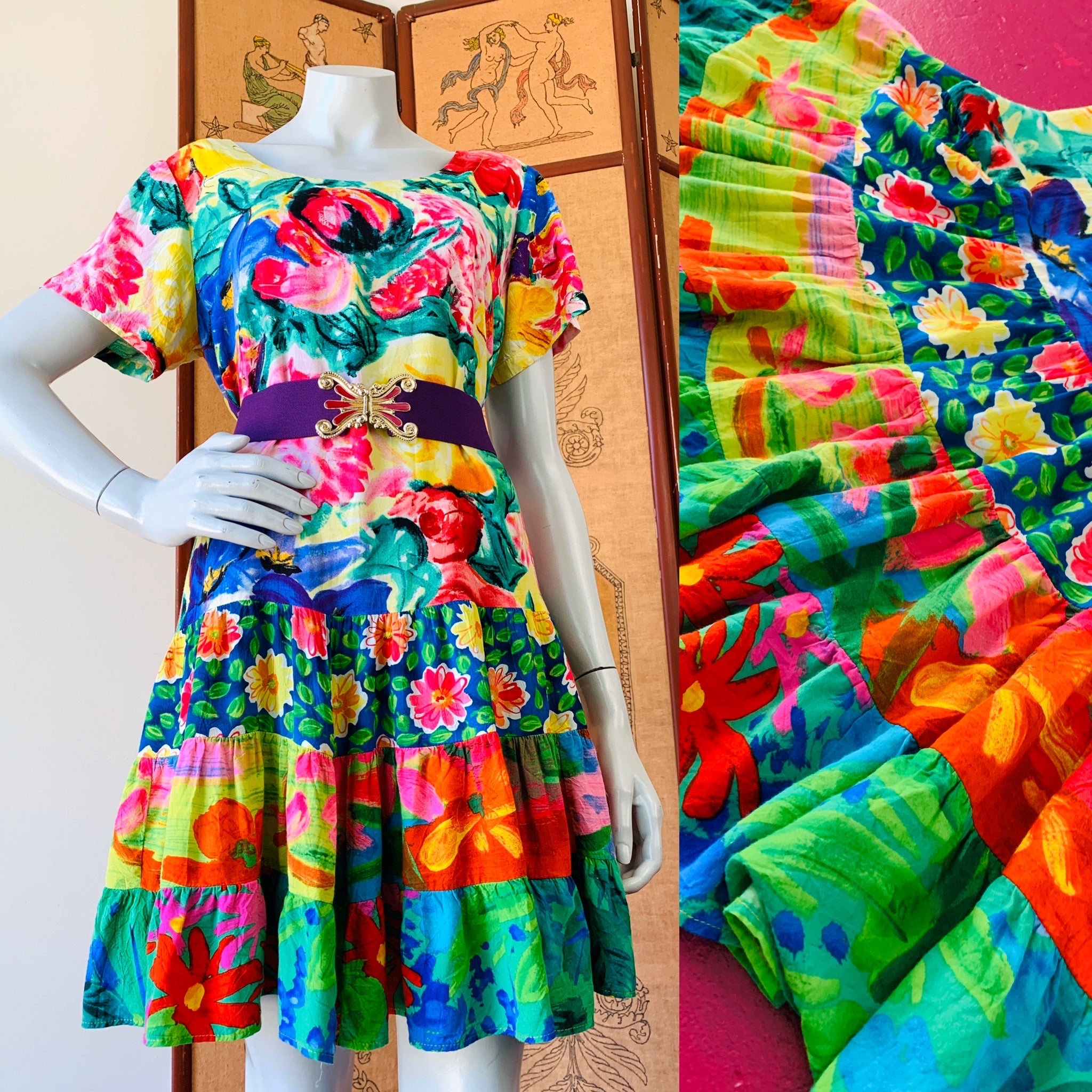 Jam's World 90s Babydoll Rainbow Floral Summer Dress — vintage 1990s dress in multicolour