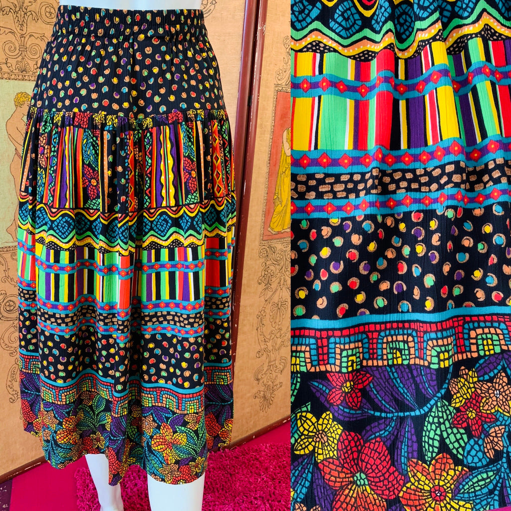 Colorful Wild Print Rayon High Waisted Skirt — vintage bottoms