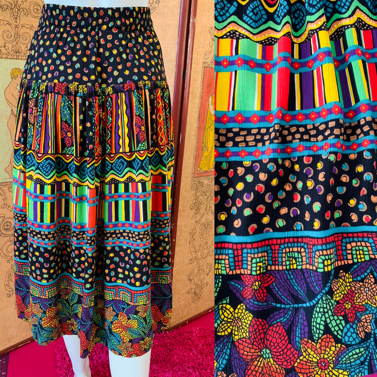 Colorful Wild Print Rayon High Waisted Skirt — vintage bottoms