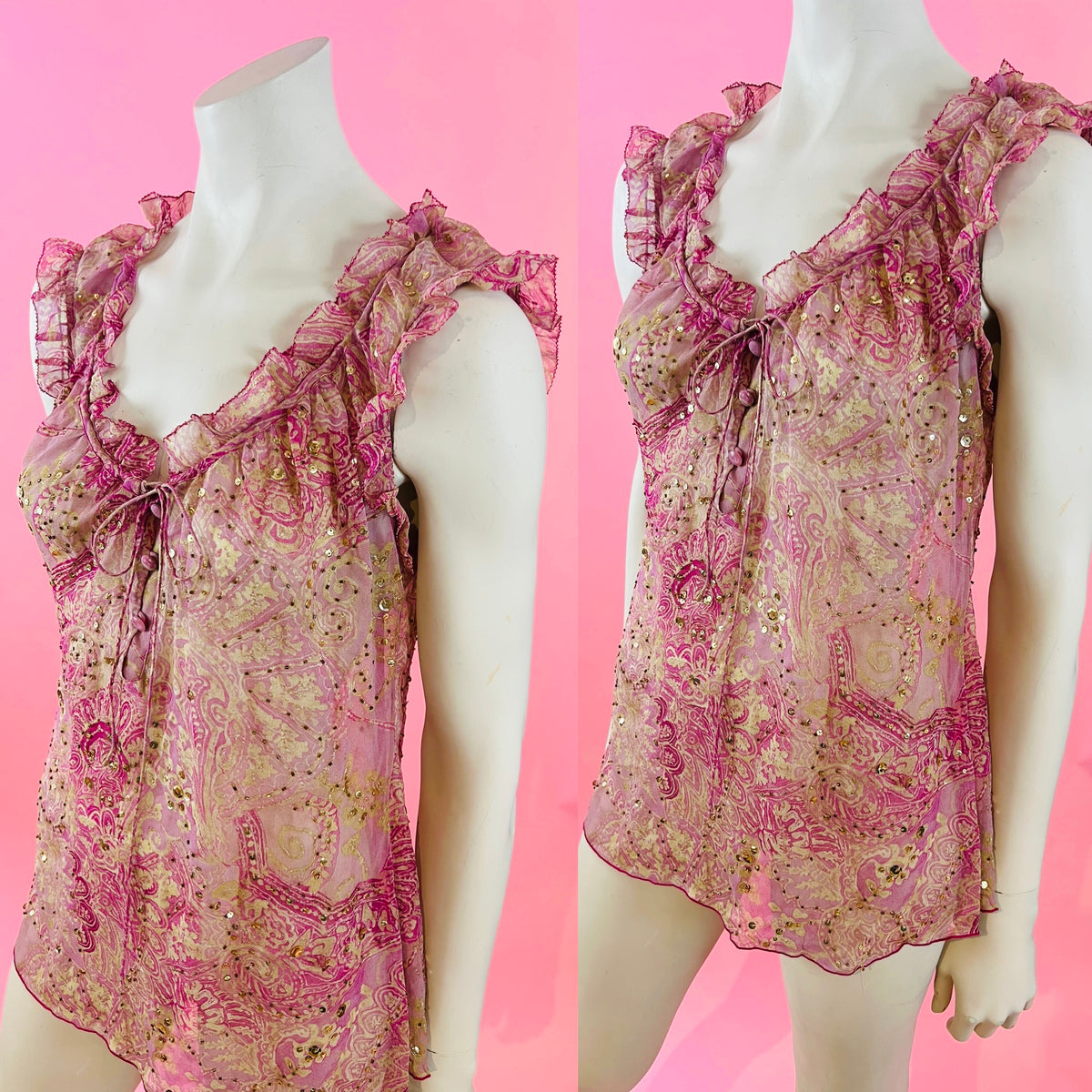 Diane Von Furstenberg Pink Silk Sheer Gold Sequin Tunic — vintage Diane Von Furstenberg caftan in pink, gold