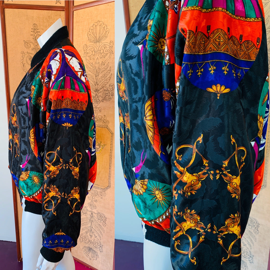 Hot Air Balloon Cherub Print 80s Jacket — vintage 1980s jacket in black, multicolour