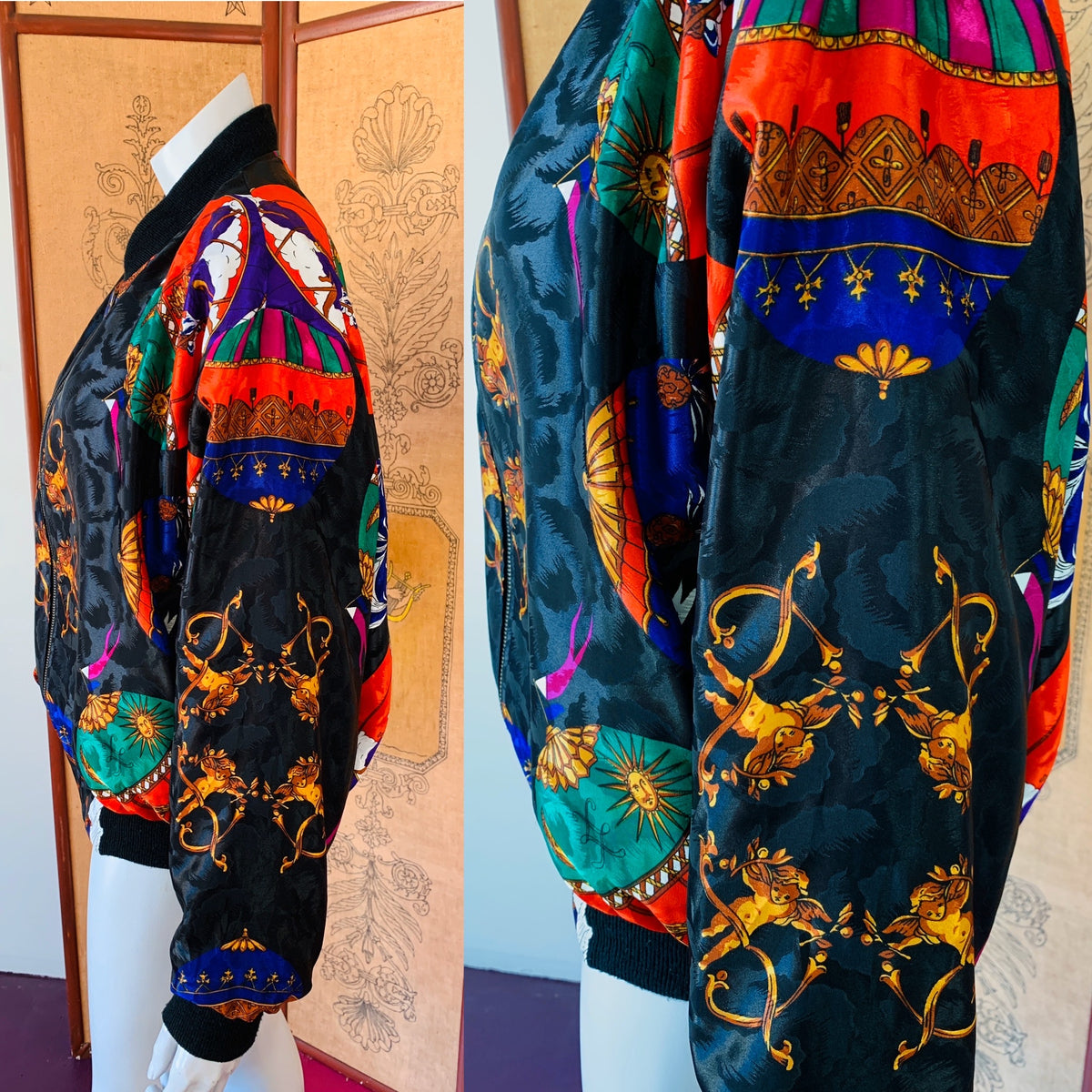 Hot Air Balloon Cherub Print 80s Jacket — vintage 1980s jacket in black, multicolour