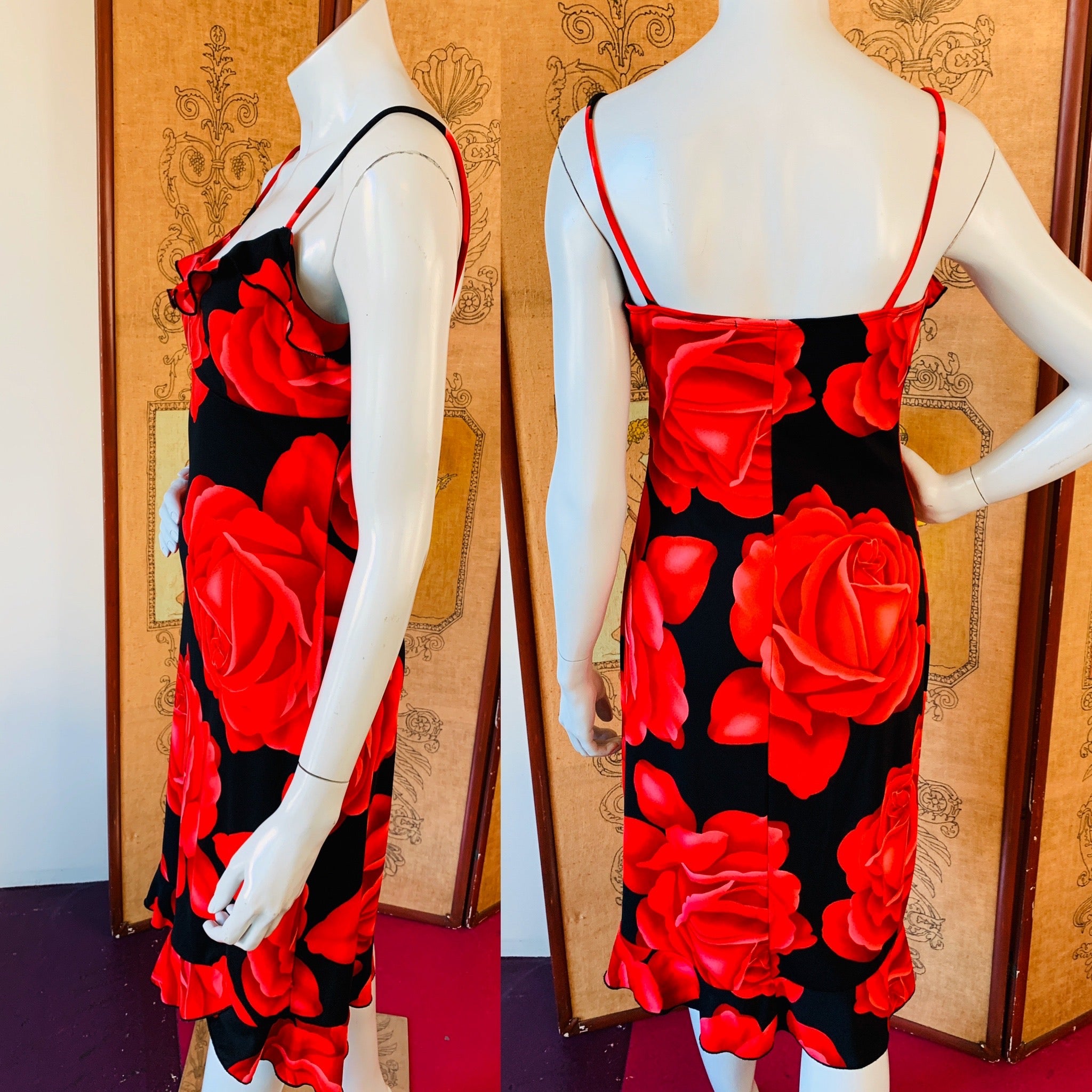 Black & Red Rose Print 90s Dress — vintage 1990s dress in black, red, pink