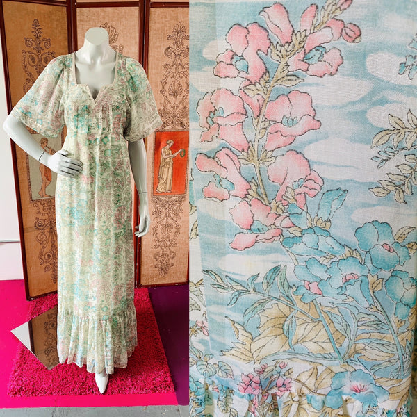 Vtg 70s Semi Sheer popular Large Floral Print Maxi Dress Sz XS