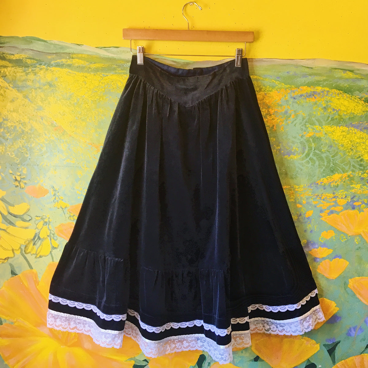 Midnight Blue Velvet Gunne Sax Skirt with Lace — vintage Gunne Sax bottoms in blue